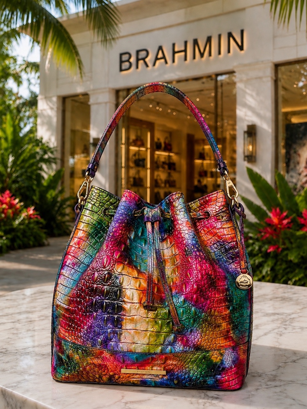 BRAHMIN Marlowe CrocEmbossed Leather BucketBag in Fallstruck Rainbow Colors NWOT